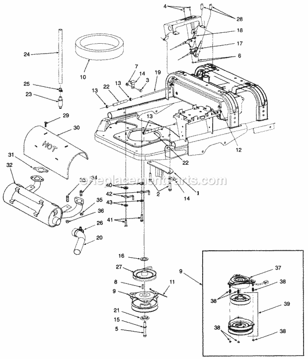 Engine Mounting, Muffler, Controls & Pto Clut 1 Diagram and Parts List for Z48L 53AC365M100, 53BA1D5M100 Cub Cadet Lawn Mower